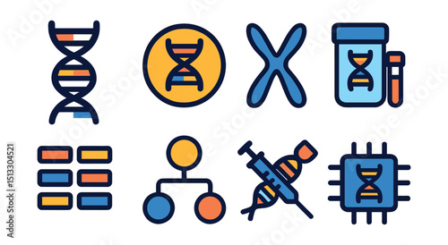 Flat vector icons of genetics and DNA: DNA helix, genome icon, chromosome, DNA test kit, genetic sequence, inheritance icon, gene therapy, biochip.