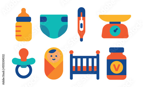 Flat vector icons of baby care: baby bottle, diaper, baby thermometer, infant scale, pacifier, soft blanket, crib icon, baby vitamins.