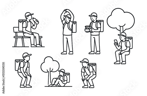 Line style icons of courier life: courier rest icon, sitting on bench with bag, drinking water break, stretching arms after route, eating snack from lunchbox, checking phone on pause, shade under