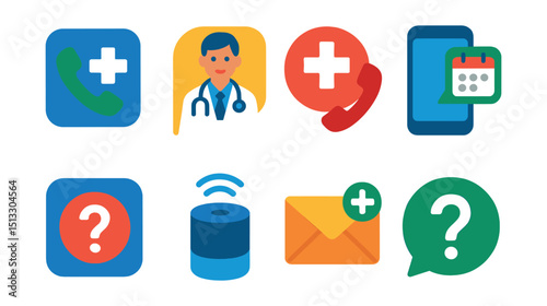 Flat vector icons of healthcare communication: hospital phone, chat with doctor, emergency call, appointment text, help center icon, voice assistant, email consult, question bubble.
