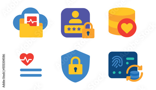 Flat vector icons of healthcare data: cloud records, secure login, health database, analytics dashboard, health report icon, protected document, biometric access, data sync.