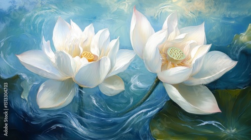 Two white lotus flowers bloom against a swirling blue and green background.