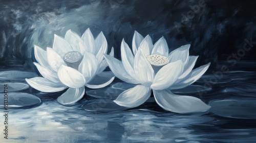 Two white water lilies bloom on a dark pond with reflections.