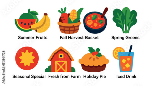 Flat vector icons of seasonal foods: summer fruits, fall harvest basket, winter stew, spring greens, seasonal special, fresh from farm, holiday pie, iced drink.