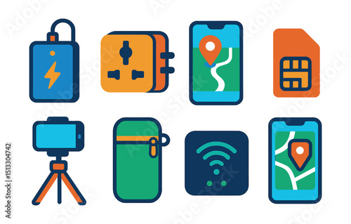 Flat vector icons of travel tech: power bank, universal adapter, GPS app, travel sim card, phone tripod, device pouch, travel wifi, phone with map.