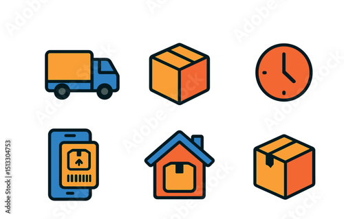 Flat vector icons of delivery and logistics: delivery truck, courier box, location pin, delivery time, parcel tracking, shipping label, home delivery, fragile package.