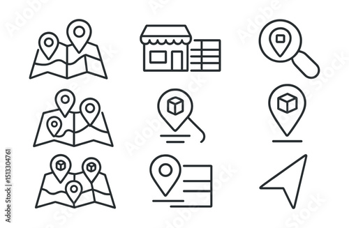Line style icons of pickup points and parcel lockers: map with pickup points, store + locker icon, nearest parcel point locator, find locker interface, pin with box icon, parcel point cluster map,