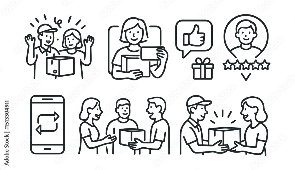 Line style icons of small business logistics: celebration after delivery, client photo with package, thank-you feedback symbol, review from local buyer, social story repost icon, community Line style icons of small business logistics: celebration after delivery, client photo with package, thank-you feedback symbol, review from local buyer, social story repost icon, community