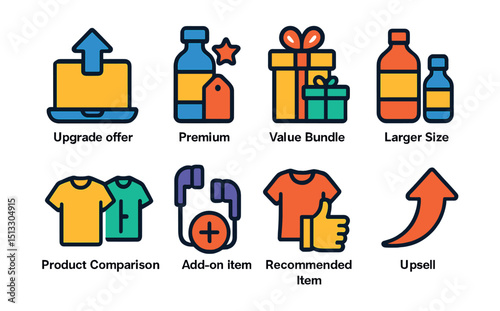 Flat vector icons of upselling strategies: upgrade offer, premium product, value bundle, larger size icon, product comparison, add-on item, recommended item, upsell arrow.