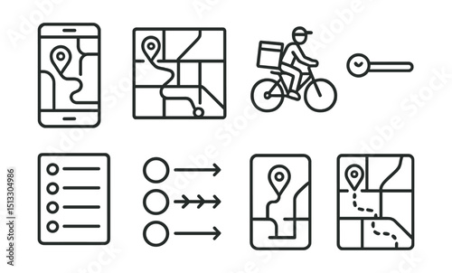 Line style icons of delivery app UI: real-time tracking screen, map with courier route, live courier icon, delivery ETA bar, tracking history list, progress steps screen, delivery pin on map,