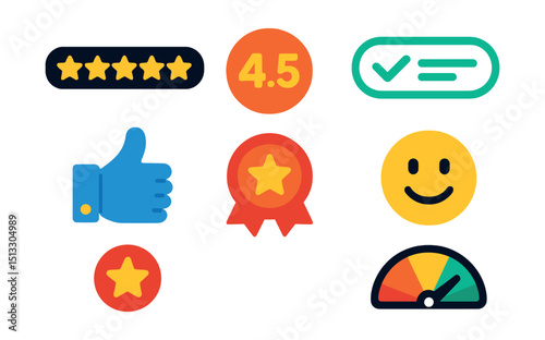 Flat vector icons of product ratings: star bar, average rating circle, review count, verified review tag, thumbs icon, top pick badge, customer emoji, satisfaction meter.