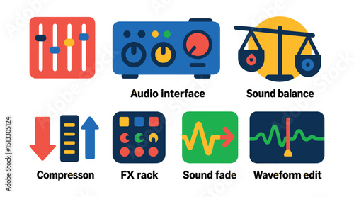 Flat vector icons of mixing and mastering: equalizer sliders, audio interface, mix levels, sound balance, compression icon, FX rack, sound fade icon, waveform edit.
