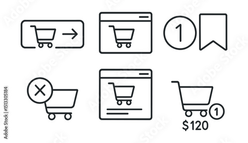 Line style icons of e-commerce journey: add to cart button, cart pop-up icon, quantity selector badge, saved for later icon, remove from cart symbol, mini cart preview, price total in cart, cart