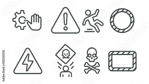 Line style icons of workplace safety: workplace hazard icon, danger triangle with exclamation, slippery floor symbol, caution tape badge, electrical hazard sign, falling object warning, toxic