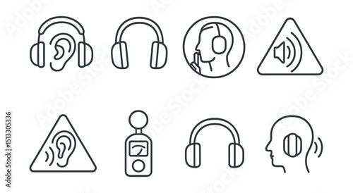 Line style icons of workplace safety: noise protection icon, earmuffs symbol, quiet zone badge, hearing protection required, sound wave hazard icon, decibel meter, protective headset symbol,