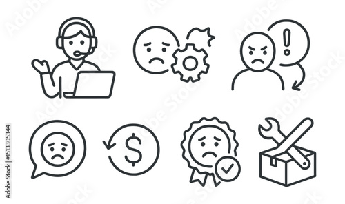Line style icons of customer service: complaint handling icon, sad face with gear, angry client symbol, issue resolution flow, apology message icon, refund process symbol, complaint review badge,