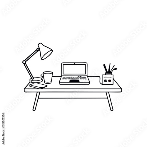 Administrative Assistant Service Logo, Using a Minimalist Desk Setup With Laptop, Coffee Cup, and Paper