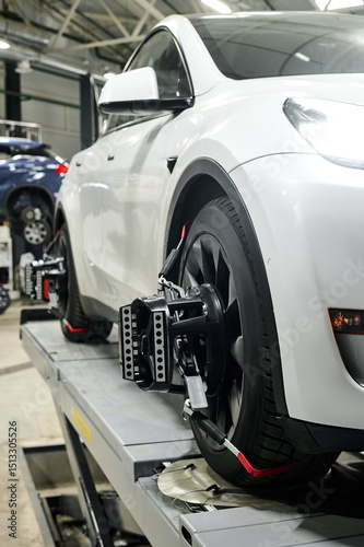Wheel alignment at a car service station. Tire center. Modern repair equipment.