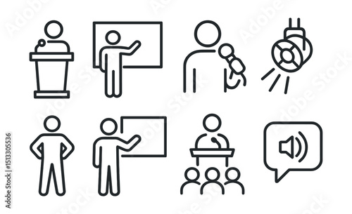 Line style icons of public speaking: speaker at podium icon, standing presenter symbol, person with microphone, stage spotlight badge, confident posture icon, presenter with hand gesture, keynote