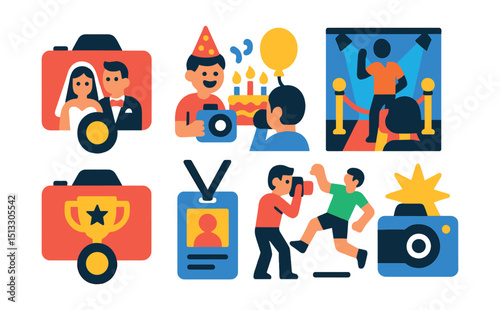 Flat vector icons of event photography: wedding shot, birthday party, live concert, red carpet, award show, event pass, action moment, flash event photo.