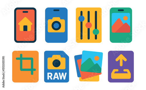 Flat vector icons of photography mobile apps: app home, camera mode, edit panel, filter preview, crop tool, RAW support, batch edit, photo export.
