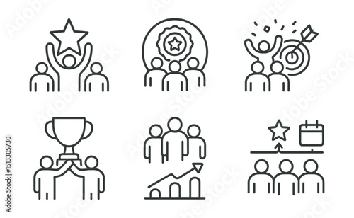Line style icons of goals and achievements: team success icon, collaborative win badge, shared achievement symbol, group milestone celebration, team recognition icon, joint goal target, shared trophy