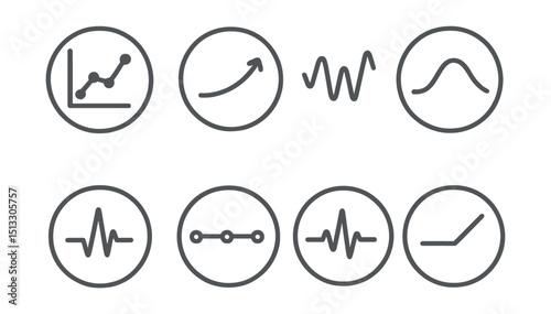Line style icons of visual data and infographics: line graph in circle, rising slope chart, fluctuating trend symbol, smooth curve graph, real-time data pulse, timeline with points, analytics pulse
