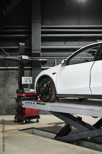 Wheel alignment at a car service station. Tire center. Modern repair equipment.