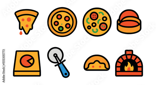 Flat vector icons of pizza types: cheese slice, pepperoni pizza, veggie pizza, deep dish, pizza box, pizza cutter, crust type, oven-baked icon.