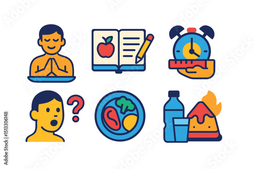 Flat vector icons of food lifestyle habits: mindful eating, food journal, meal timing, portion control, intuitive hunger, balanced plate, water intake, cheat day.