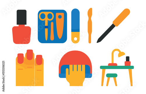 Flat vector icons of nail art and manicure: nail polish bottle, manicure set, nail file, cuticle pusher, painted nails, nail brush, nail dryer, salon table.
