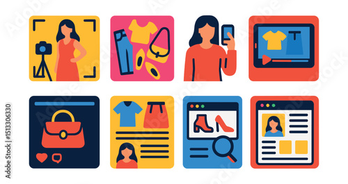 Flat vector icons of fashion content creation: photo shoot pose, flatlay photo, mirror selfie, styling reel, product feature, outfit blog post, fashion edit, media kit.