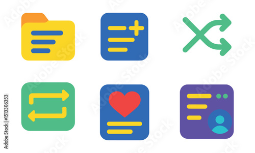 Flat vector icons of playlists: playlist folder, new playlist icon, repeat playlist, shuffle list, curated set, mood playlist, top hits, collaborative playlist.