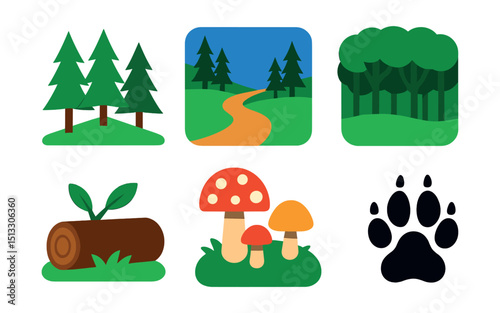 Flat vector icons of forest landscapes: pine trees, forest trail, forest canopy, fallen log, forest mushrooms, forest fog, forest clearing, wildlife footprint.