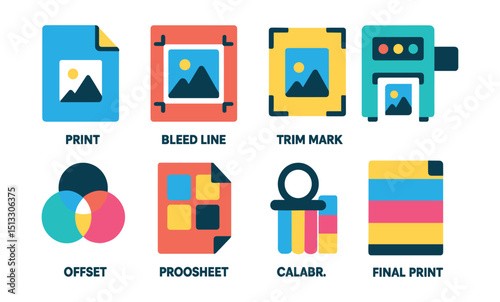 Flat vector icons of print and publishing: print file icon, bleed line, trim mark, print press, offset icon, proof sheet, color calibration, final print.