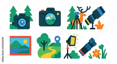 Flat vector icons of nature photography: camera in forest, nature shot, tripod in wild, wildlife zoom lens, landscape frame, photo trail, natural light setup, macro in field.
