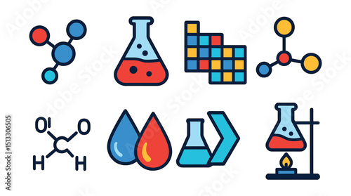 Flat vector icons of chemistry tools: molecule icon, lab flask, periodic table, bond structure, chemical formula, acid base drop, compound reaction, burner setup.