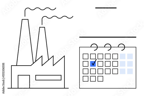 Factory factory silhouette with chimneys and smoke next to checklist themes, planning management reminder future deadline delivery task commitments appointment work flat wrapper concept
