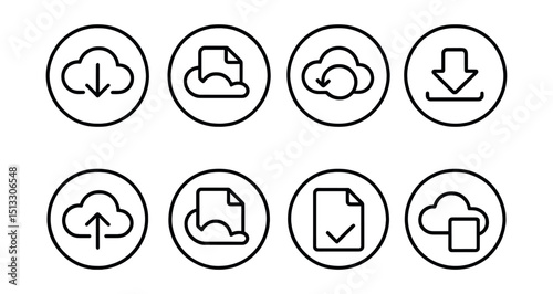 Line style icons of cloud storage: download from cloud icon, arrow down from cloud, fetch file symbol, restore backup ring, download complete badge, extract from cloud icon, document retrieval, saved