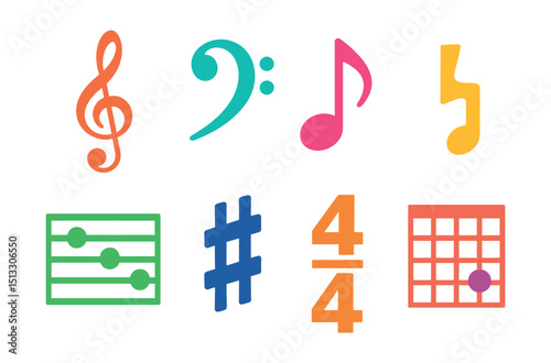 Flat vector icons of musical notes and theory: treble clef, bass clef, eighth note, rest symbol, music scale, sharp icon, time signature, chord diagram.