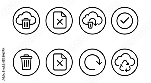 Line style icons of cloud storage: trash bin in cloud, deleted file symbol, restore from trash icon, confirm deletion ring, empty trash badge, file removed icon, undo delete symbol, recycle bin in