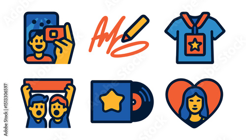 Flat vector icons of music fan experience: concert selfie, autograph icon, fan t-shirt, backstage pass, fan chant, album unboxing, vinyl spin, favorite artist.