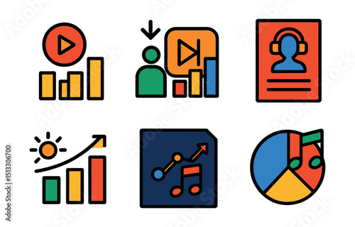 Flat vector icons of streaming analytics: play count, skip rate, user chart, top artist report, daily listener graph, trend line, music data file, genre performance.