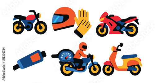 Flat vector icons of motorcycles: motorcycle icon, helmet and gloves, sport bike, cruiser bike, motorbike exhaust, dashboard view, two-wheeler ride, scooter variant.