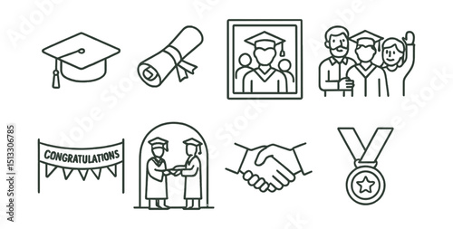 Line style icons of graduation: cap and tassel, diploma scroll, class photo icon, proud family pose, congratulation banner, graduation stage, handshake, success medal.