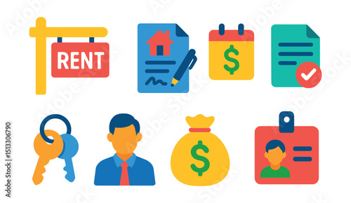 Flat vector icons of renting and leasing: rent sign, rental agreement, monthly payment, lease form, rental key, landlord icon, security deposit, tenant badge.