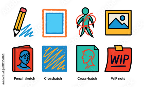 Flat vector icons of sketch styles: pencil sketch, rough outline, gesture lines, thumbnail drawing, sketch detail, crosshatch style, sketch scan, WIP note.