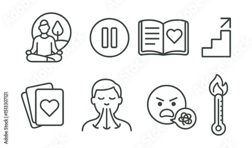Line style icons of emotion regulation: grounding technique icon, emotion pause symbol, journal your feeling, regulation steps chart, coping cards, deep breath icon, venting emoji, anger thermometer.