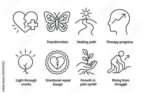 Line style icons of healing and transformation: broken heart healing, transformation butterfly, healing path icon, therapy progress, light through cracks, emotional repair badge, growth in pain