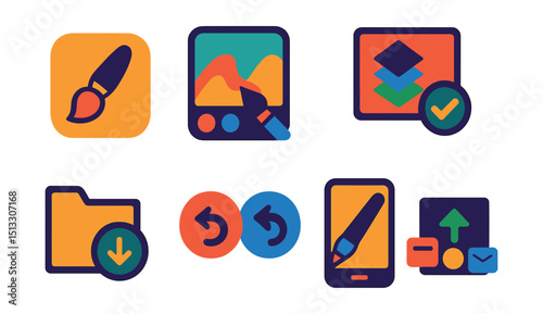 Flat vector icons of art mobile apps: app icon, drawing interface, layer tools, brush selection, save project, undo/redo, digital pen input, export options.